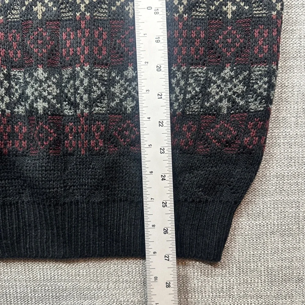 Robert Stock Sweater Mens Large Black Burgundy Fair Isle Vintage  Knit